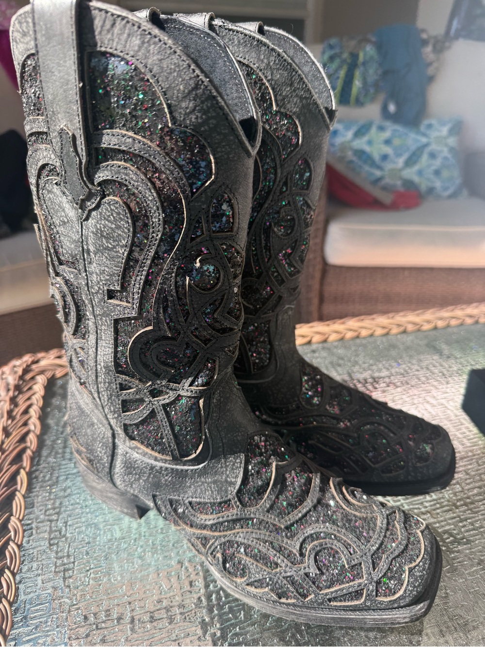 Roper Black Glitter Cut Outs Western Boots